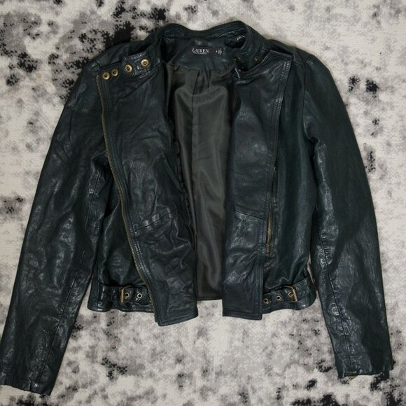 Rare Lauren Ralph Lauren Dark Green Leather Biker Jacket - Picture 5 of 9